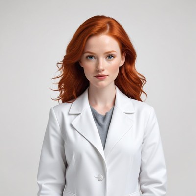 Medical professional with red hair wearing a white coat