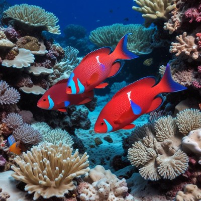 Colorful tropical fish swimming among coral reefs