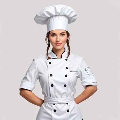 Female chef wearing uniform and hat in kitchen setting