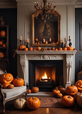 Cozy autumn living room with pumpkins and warm fireplace