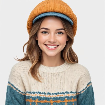 Young woman smiles in cozy sweater and stylish hat
