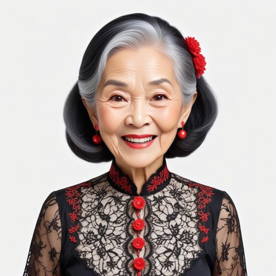 Elderly woman in traditional dress smiles at camera