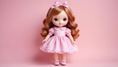 Cute doll in pink dress with curly hair and bow