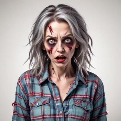 Creepy zombie woman with gray hair in a flannel shirt
