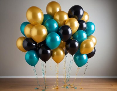 Colorful black, gold, and teal balloons cluster