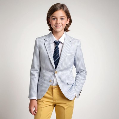 Young boy in stylish suit standing confidently indoors