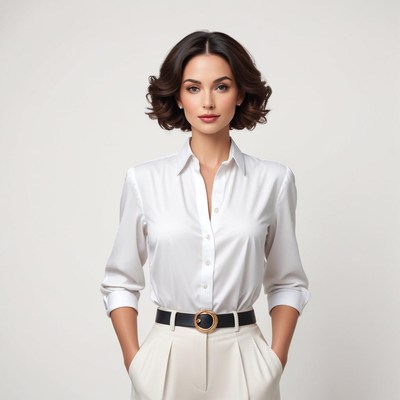 Stylish woman posing in white shirt and pants