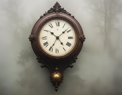 Classic clock with roman numerals on a foggy background
