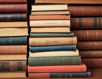 Classic book collection stacked on wooden shelf