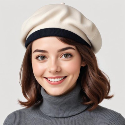 Woman in a stylish beret smiles warmly indoors