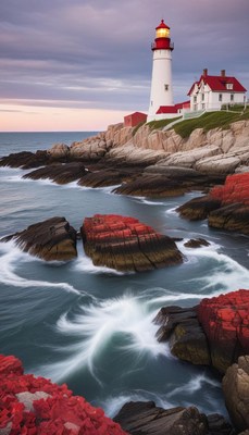 Scenic lighthouse on rocky shoreline at sunset