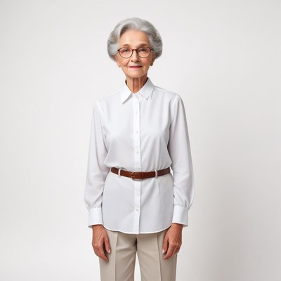 Elderly woman in white blouse poses confidently indoors