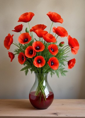 Bright red poppies arranged in a clear vase on a table