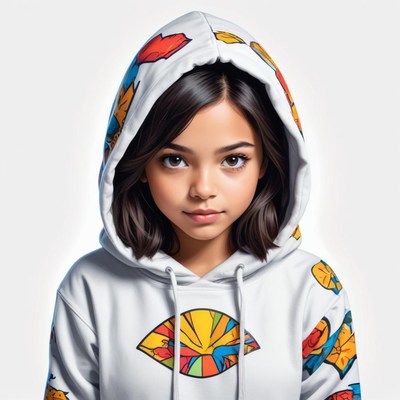 Young girl wearing a colorful hoodie with a unique design