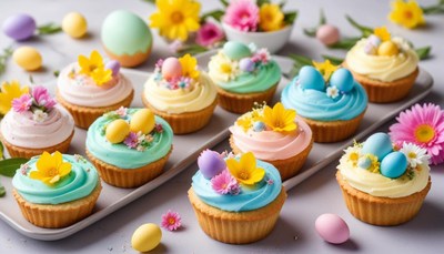 Delightful spring cupcakes decorated with flowers and eggs