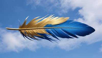 Colorful feather floats against a blue sky
