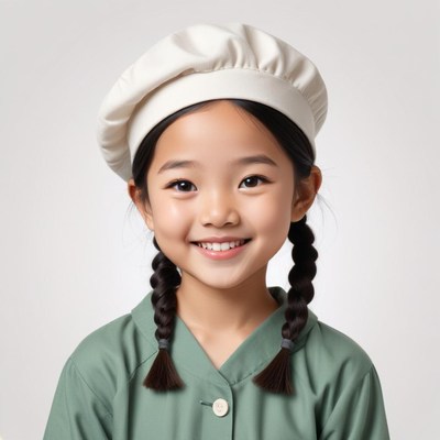 Young chef smiling in a kitchen setting with a hat