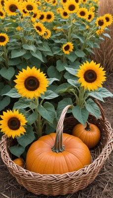 Bright sunflowers and pumpkins in a garden setting