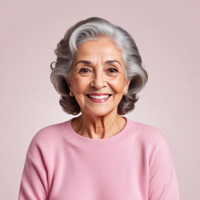 Smiling elderly woman in light pink sweater