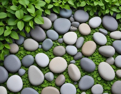 Natural stone pathway surrounded by green leaves
