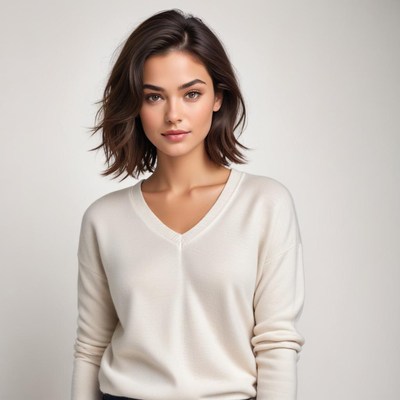 Woman with medium brown hair dressed in a light sweater