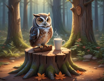 Owl enjoying tea in a serene forest setting