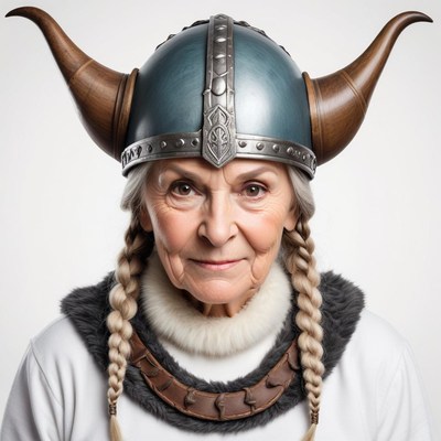 Elderly woman in viking helmet with braids and necklace