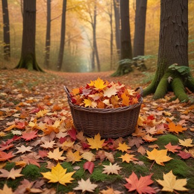 Autumn leaves collected in a basket on a forest path