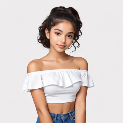 Young girl with curly hair poses in stylish clothing