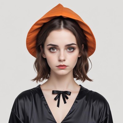 Young woman wears stylish orange hat and black outfit