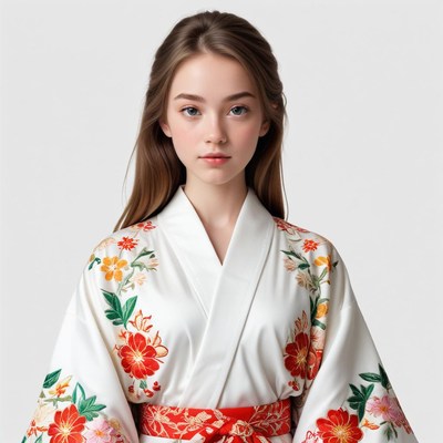 Young woman in traditional kimono posing elegantly indoors