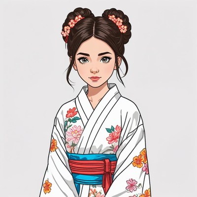 Young girl in traditional kimono with floral designs