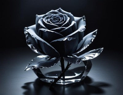 Black rose in crystal vase under soft light