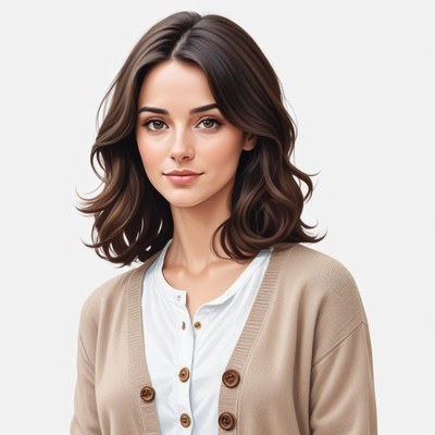 Young woman with brown hair in a beige cardigan