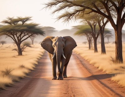 Elephant walking down a sandy road in the savanna