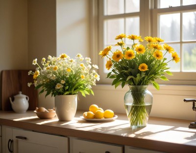 Bright flowers and lemons in a cozy kitchen setting