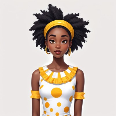 Young woman in vibrant polka dot dress with natural hair