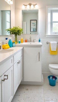 Modern bathroom with vibrant decor and flowers