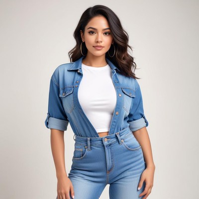 Fashionable woman in denim outfit poses confidently indoors