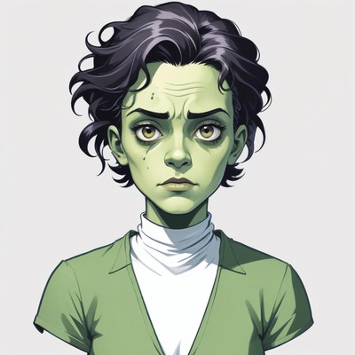 Unique green-skinned character with expressive features