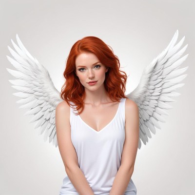Red-haired model with angel wings poses gracefully