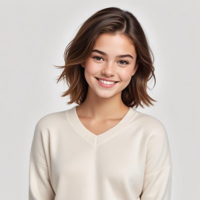 Smiling young woman in casual sweater poses warmly