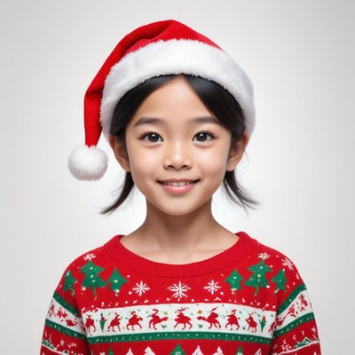 Smiling child wearing a santa hat in festive attire