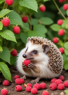 Hedgehog enjoying fresh raspberries in a garden setting