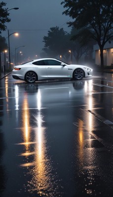 Stylish car parked on a wet city street at night