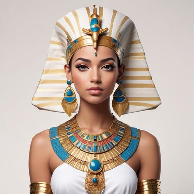 Egyptian queen in elaborate headdress and jewelry display