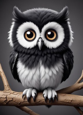 Cute black and white owl perched on a branch