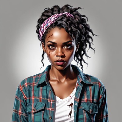 Young woman with curly hair in a plaid shirt and headband