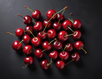 Fresh cherries arranged on a dark surface