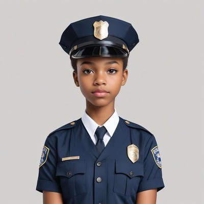 Young girl in police uniform smiles confidently